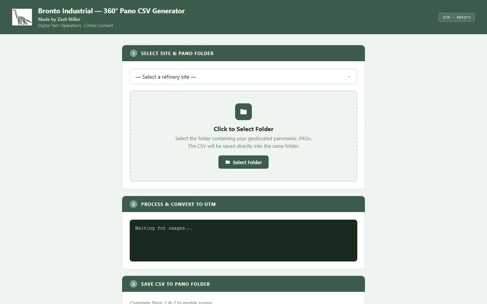 360° Pano CSV Generator — select site, process panoramas, export UTM positions