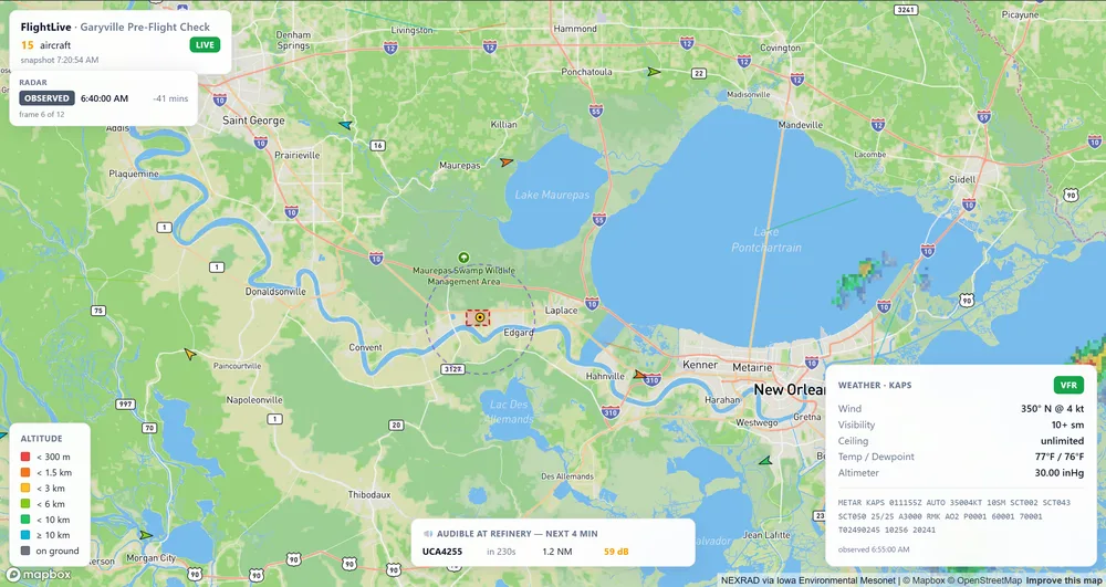FlightLive — live aircraft, radar, and METAR weather around the Garyville refinery