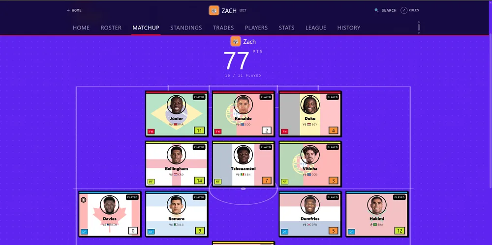 Hunch — live World Cup matchup with a fantasy lineup on the pitch