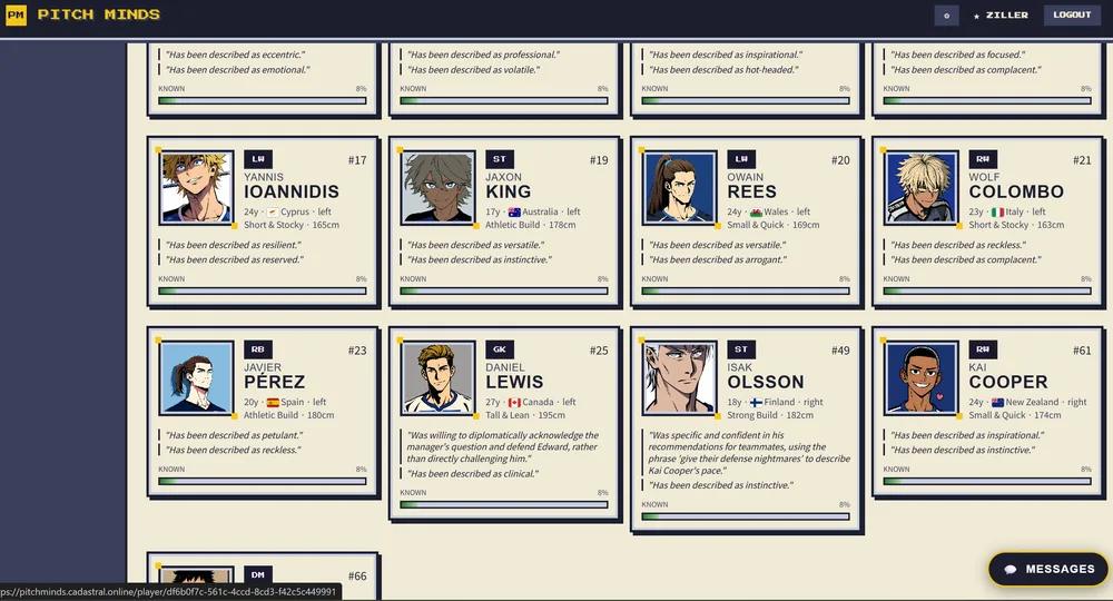 PitchMinds — squad roster of AI players with portraits and personality descriptions