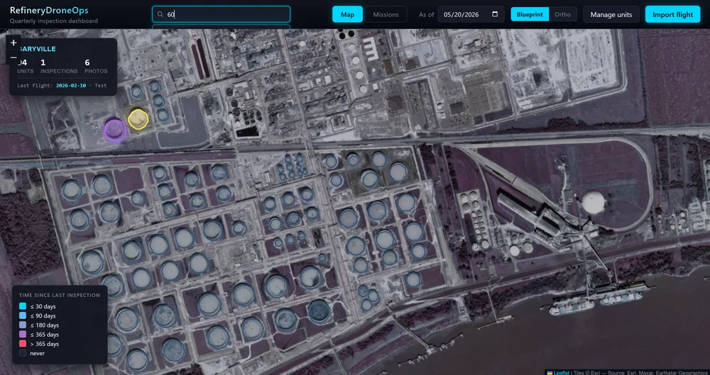 RefineryDroneOps — inspection dashboard mapping process units on the site