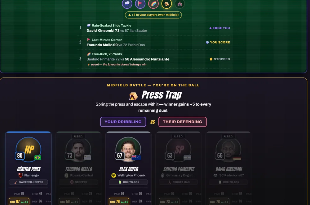 RogueXI gameplay — drafted player cards in a stat duel