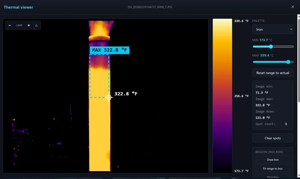 Thermal viewer — radiometric flare stack image with ROI box reading 322.8°F
