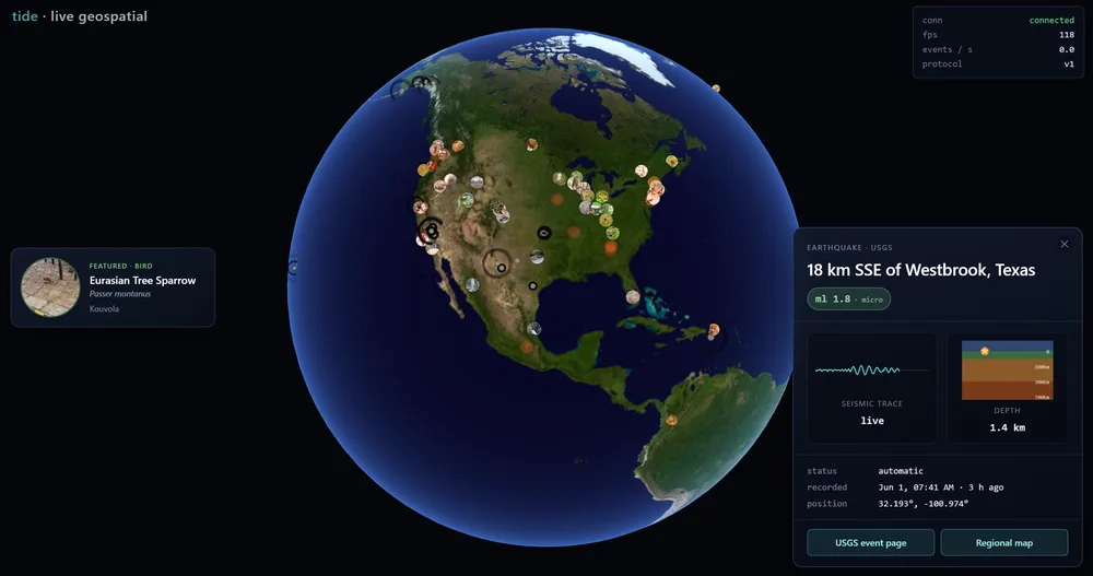 Tide — a live geospatial globe streaming worldwide events