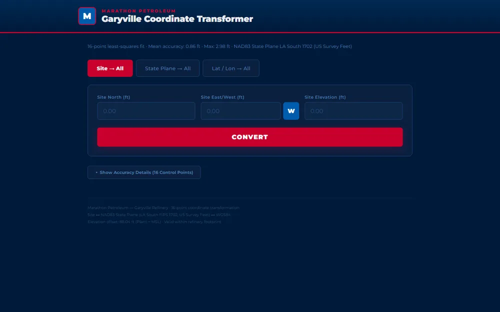 Garyville Coordinate Transformer — Site, State Plane, and Lat/Lon conversion